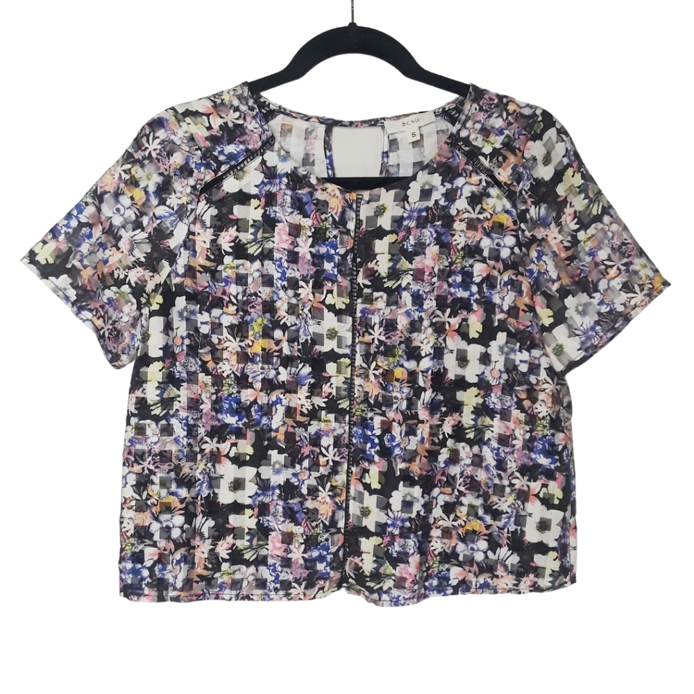BCNU Floral Checkered Colorful Semi Sheer Top Small